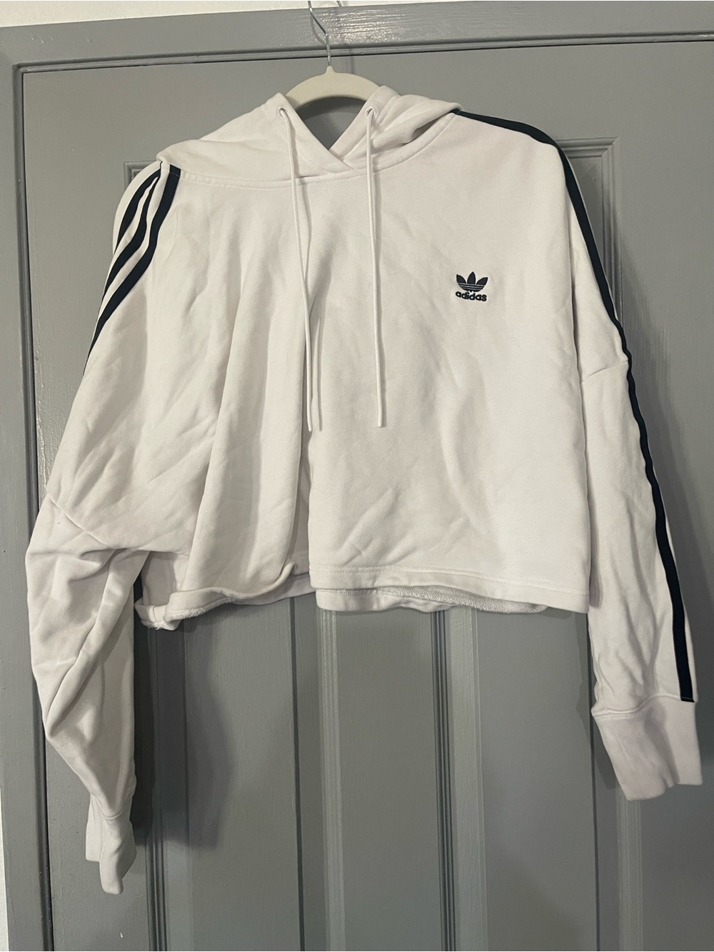 adidas White Cropped Hoodie with Black Stripes